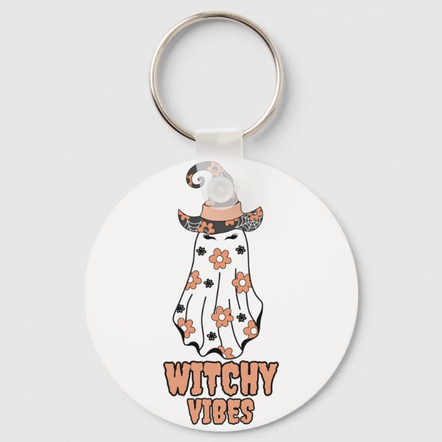 "Witchy Vibes" Halloween Witch Ghost Orange Keychain (Front)