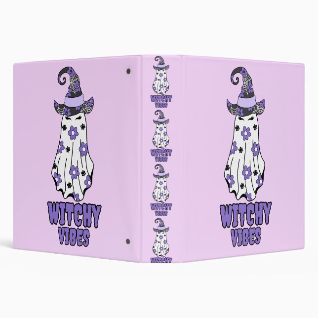 "Witchy Vibes" Halloween Witch Ghost Purple  3 Ring Binder (Background)