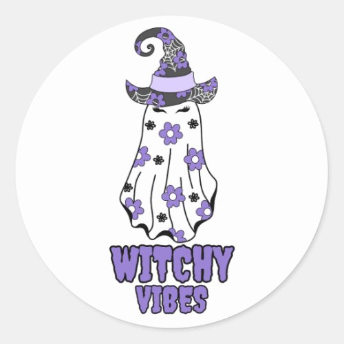 Witchy Vibes Halloween Witch Ghost Purple  Classic Round Sticker