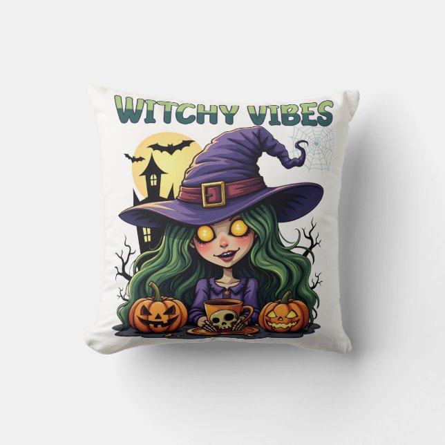 Witchy Vibes with Pumpkins and Potion Throw Pillow (Front)