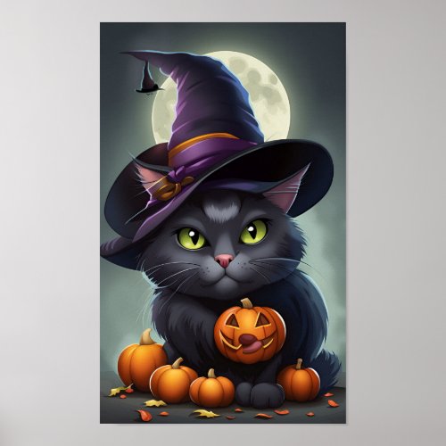 Witchy Whiskers Halloween Cat Witch Poster Colle