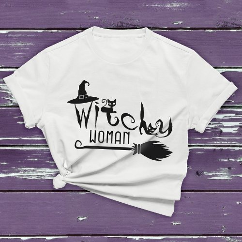 Witchy Woman Black Cat Halloween Witch Graphic Tee