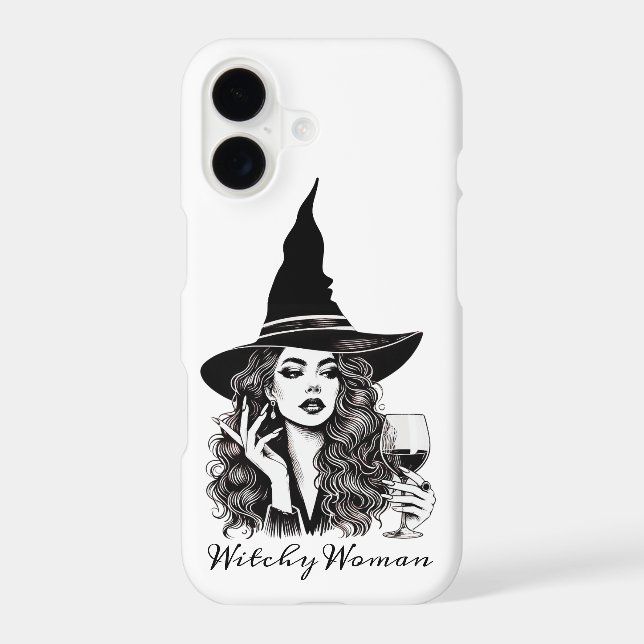 Witchy Woman, Black Elegant Witch holding Wine iPhone Case (Back)