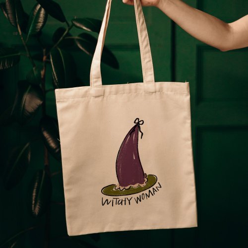 Witchy Woman Illustrated Purple Witch Hat Tote Bag