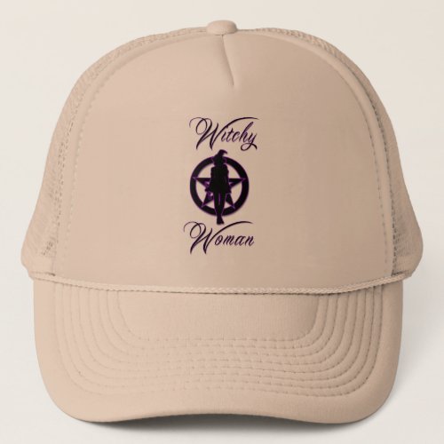 Witchy woman silhouette with pentacle trucker hat