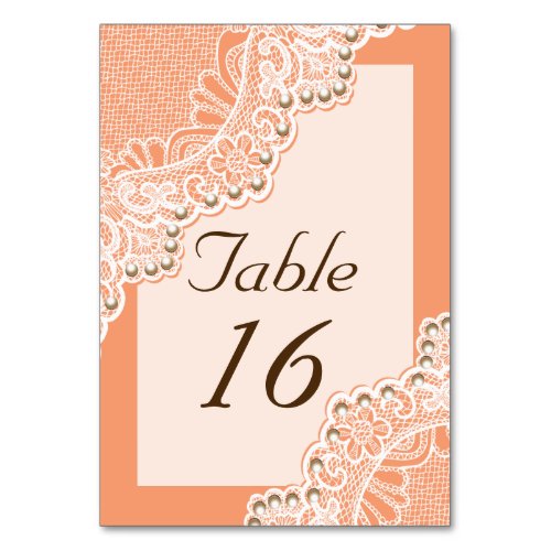 Wite lace and pearls wedding coral table number