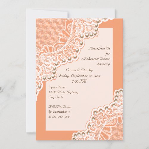 Wite lace  pearls wedding coral rehearsal dinner invitation