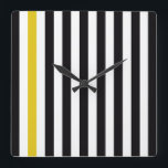 With A Yellow Stripe Square Wall Clock<br><div class="desc">Snazzy black and white stripes with a bright yellow highlight pattern.</div>