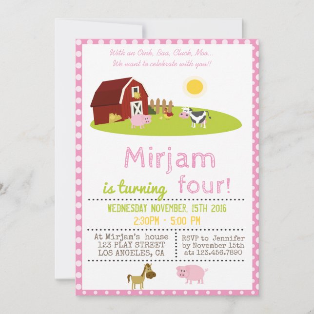WITH AN OINK, BAA, CLUCK, MOO FARM BIRTHDAY PARTY INVITATION (Front)