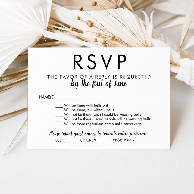With Bells On Funny Black and White Wedding RSVP Card (Creator Uploaded)