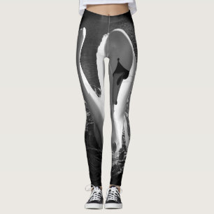 With black and white stylized swan image leggings