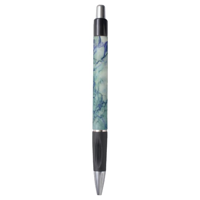 With & Blue Tint Marble Print Pen (Front Vertical)