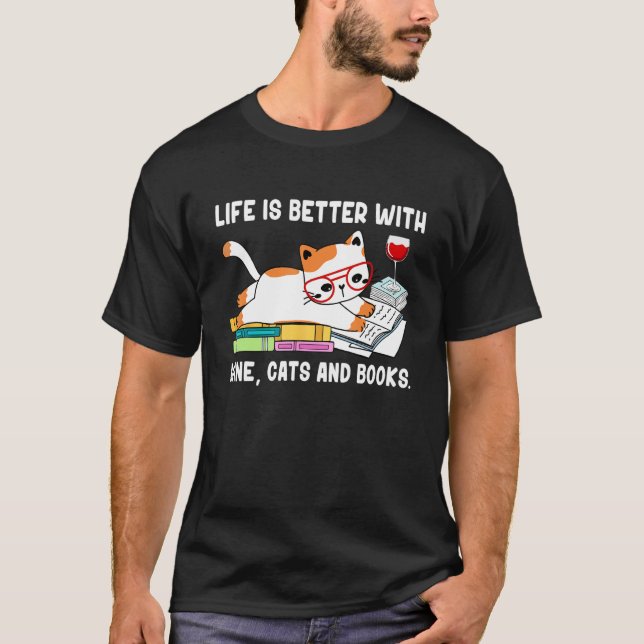 With Books Cats And Wine Drinking Dad Mom T-Shirt (Front)