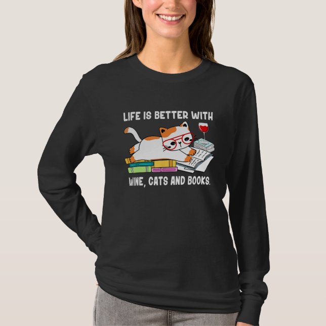 With Books Cats And Wine Drinking Dad Mom T-Shirt (Front)