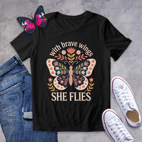 With Brave Wings She Flies Folk Art Butterfly Tri-Blend Shirt