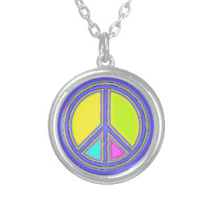 With Colors Filled PEACE Sign 1 Silver Plated Necklace