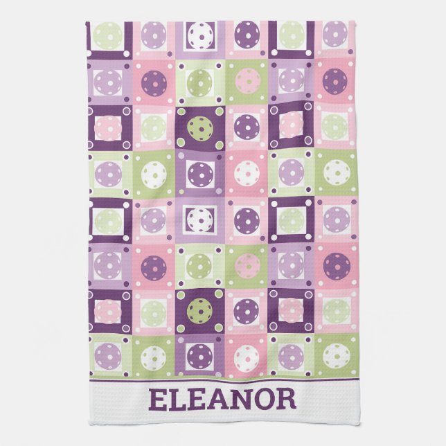 With custom name Green and purple Pickleballs  Kitchen Towel (Vertical)