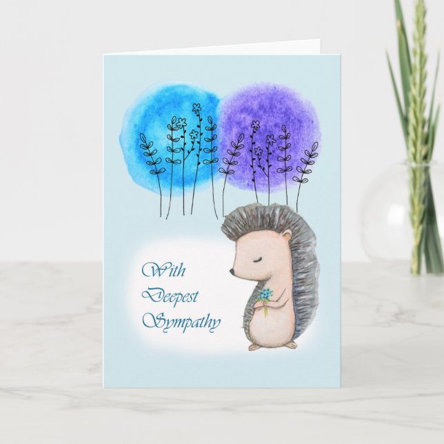 With deepest sympathy sad hedgehog holding flowers card (Front)