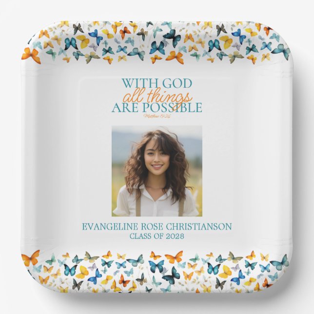 With God All Things are Possible Butterfly Grad  Paper Plates (Front)