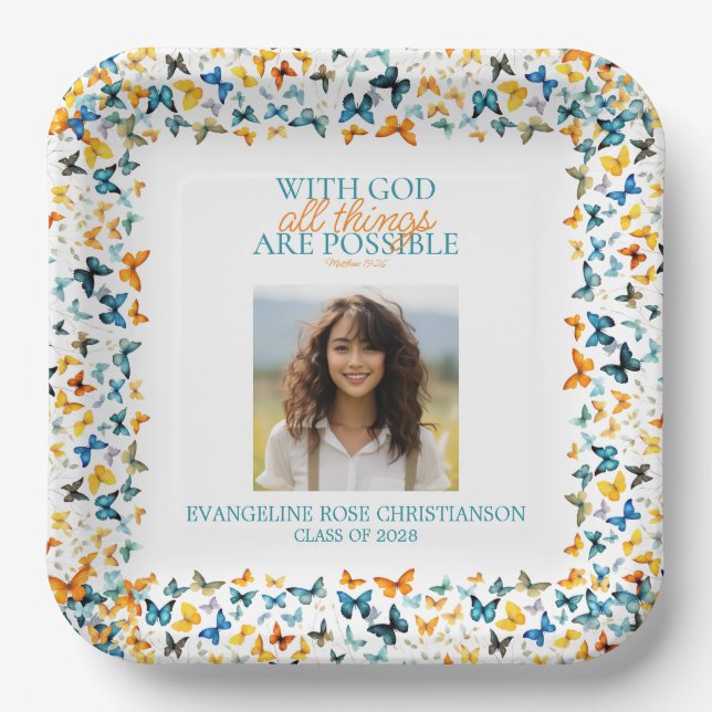 With God All Things are Possible Butterfly Grad  Paper Plates (Front)
