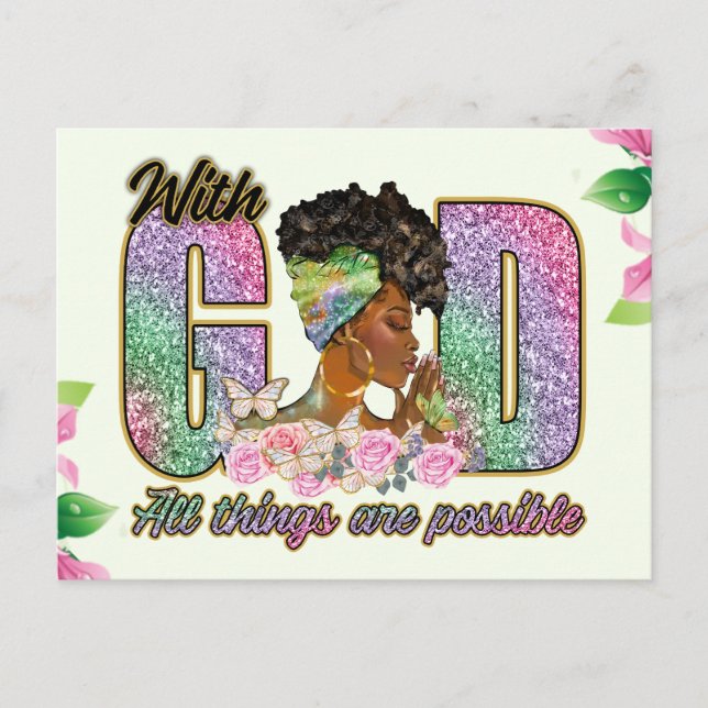 With God all things are possible, melanin, sista,  Holiday Postcard (Front)