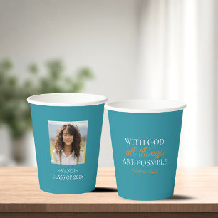 With God All Things Are Possible Teal Pic Grad  Paper Cups