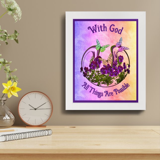 With God Butterfly Flower Art Inspirational Framed Framed Art (Table Top)