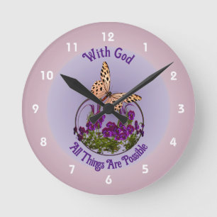 With God Butterfly Flower Art Inspirational Round Clock