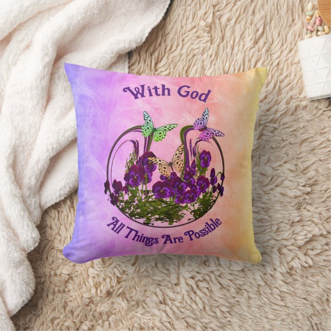 With God Butterfly Flower Art Inspirational   Throw Pillow (Blanket)