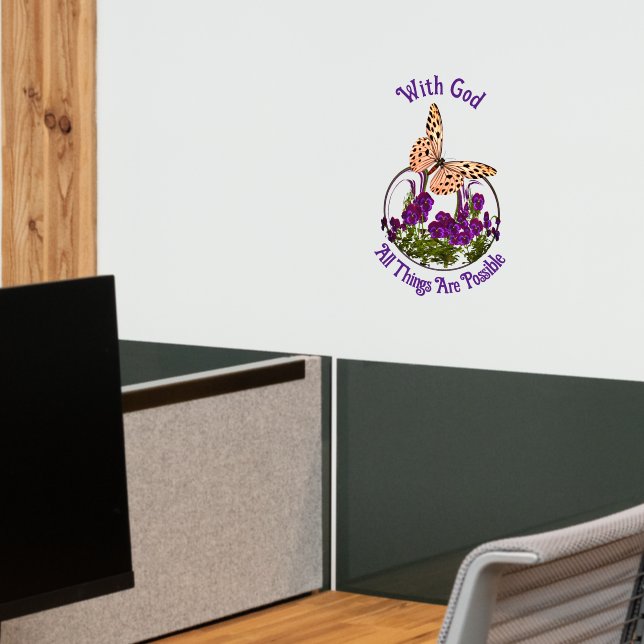 With God Butterfly Flower Art Inspirational  Wall Decal (Office 2)
