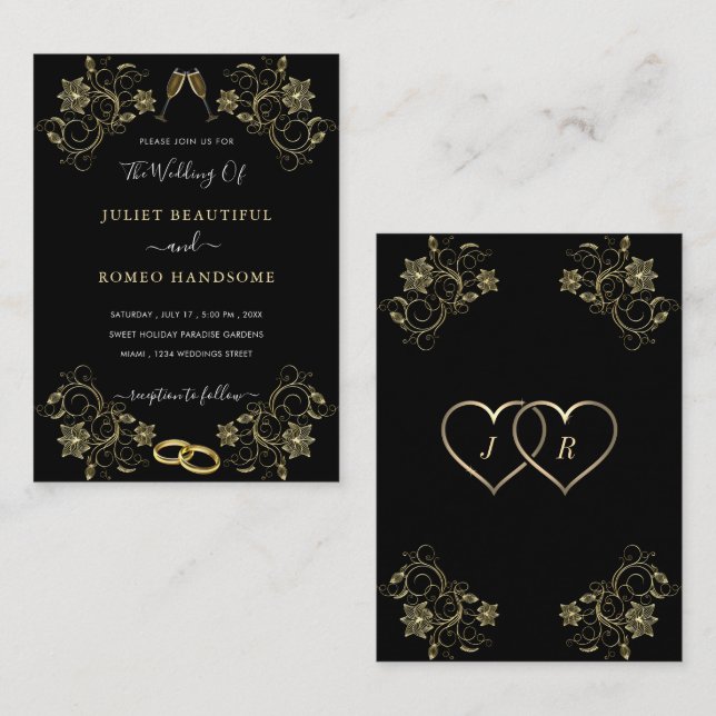 With Gold on Black Wedding Invitations Template (Front/Back)