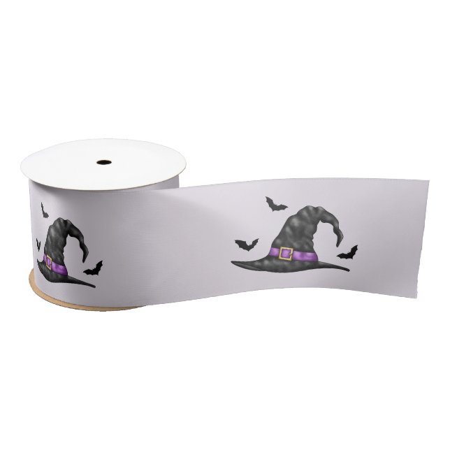 With Hat With Bats On Lilac Background Halloween Satin Ribbon (Spool)