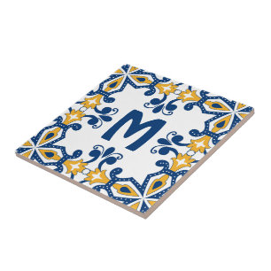 With initial 💛 💙blue and yellow Azulejos Ceramic Tile