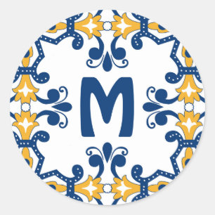 With initial 💛 💙blue and yellow Azulejos  Classic Round Sticker