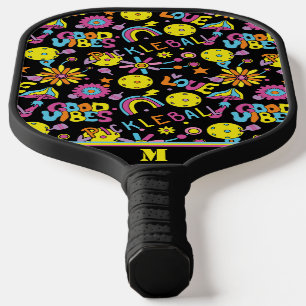 With initial, Groovy, retro 90s, black Pickleball Paddle