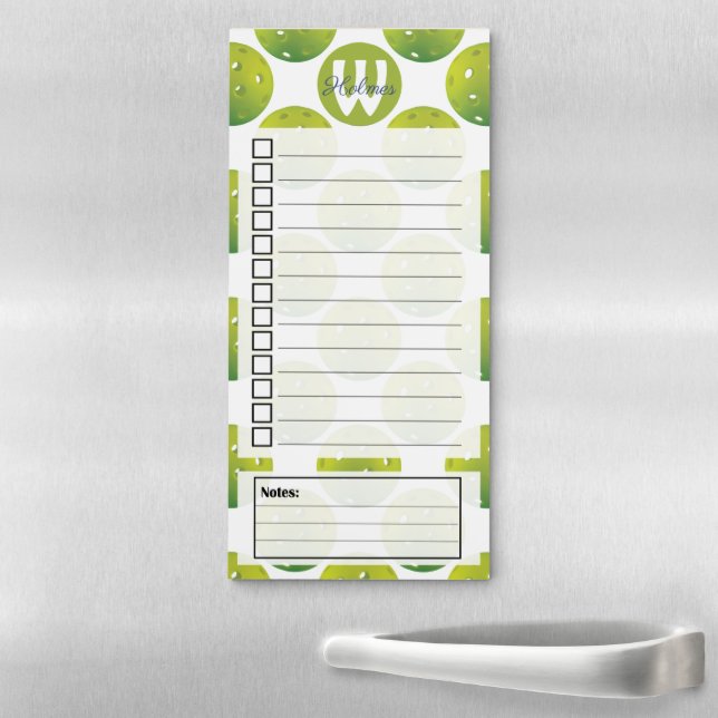 With initial / name Lime green pickleballs pattern Magnetic Notepad (In Situ)