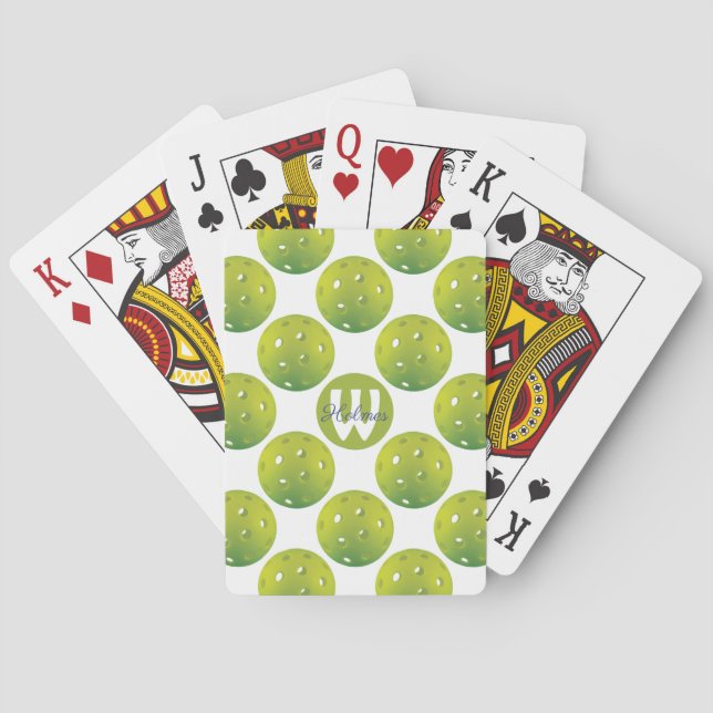 With initial / name Lime green pickleballs pattern Poker Cards (Back)
