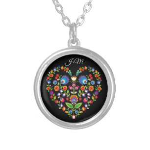 With initials, Folklore heart, Wycinanki style Silver Plated Necklace