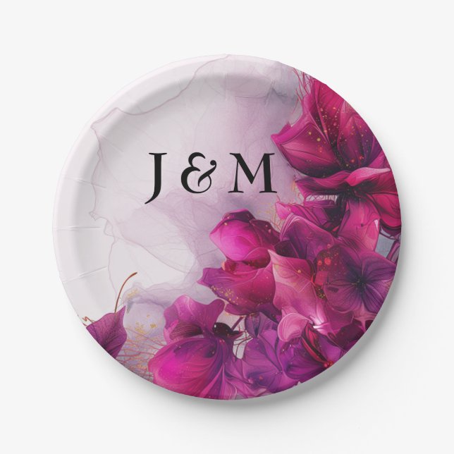 With initials Fuchsia Enchantment: Watercolor  Paper Plates (Front)