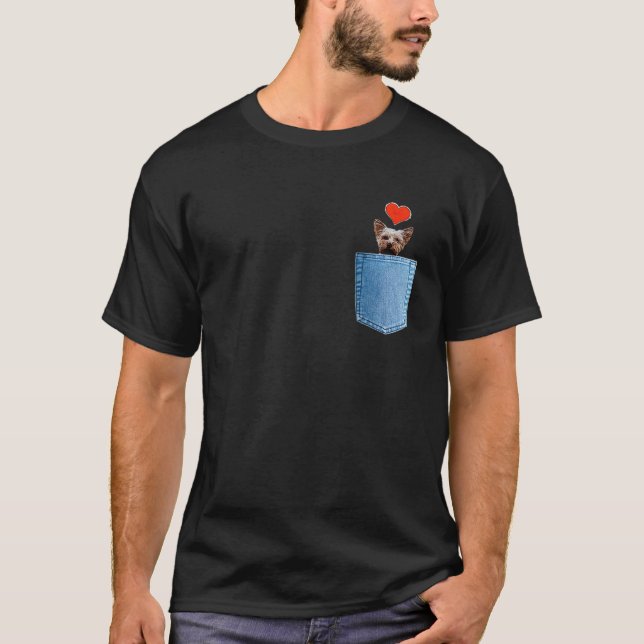 with Jeans Pocket Yorkie Dog and Heart Dog Motif T-Shirt (Front)