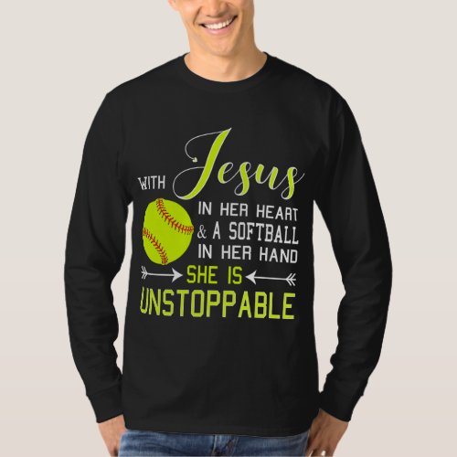 WITH JESUS IN HER HEART  A Softball Hand She Is U T_Shirt