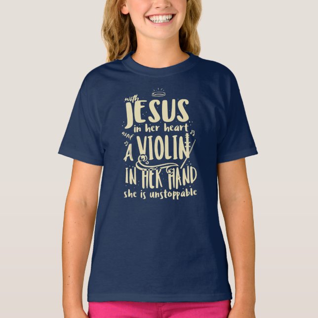 With Jesus In Her Heart A Violin Christian Music T-Shirt (Front)