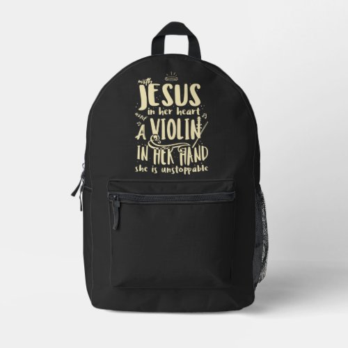 With Jesus In Her Heart A Violin in Her Hand Printed Backpack