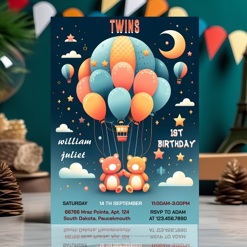 With joint bear Hot Air Balloon Twins 1st Birthday Invitation