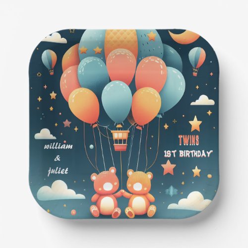 With joint bear Hot Air Balloon Twins 1st Birthday Paper Plates