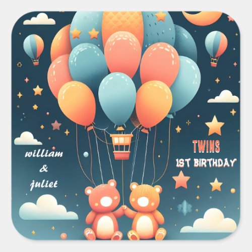 With joint bear Hot Air Balloon Twins 1st Birthday Square Sticker