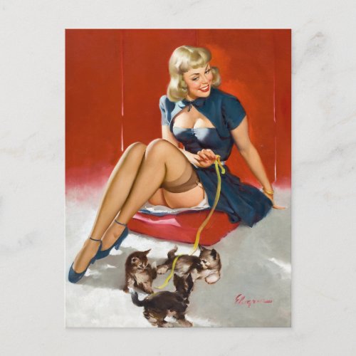 With Kittens Pin Up Postcard