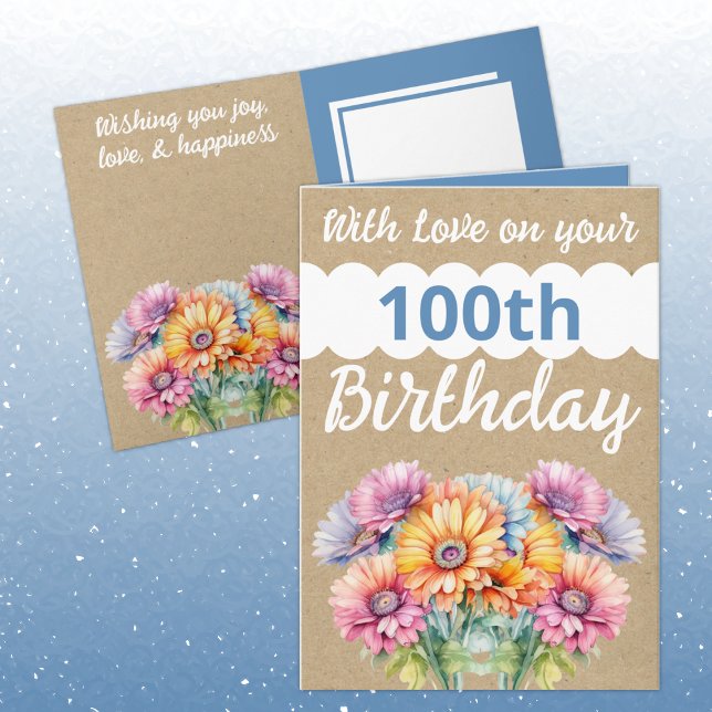 With love 100th birthday gerbera flowers blue card (Creator Uploaded)