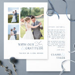 With Love and Gratitude Photo, Blue Wedding Thank You Card<br><div class="desc">Thank your guests with this elegant, modern three-photo collage wedding thank you card! Clean and simple white and blue design with the phrase "with our Love and Gratitude" in a mixture of modern block typography and modern hand-written calligraphy. Back with the area for your message and names. Easy template where...</div>