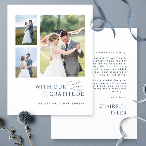 With Love and Gratitude Photo Blue Wedding Thank You Card
